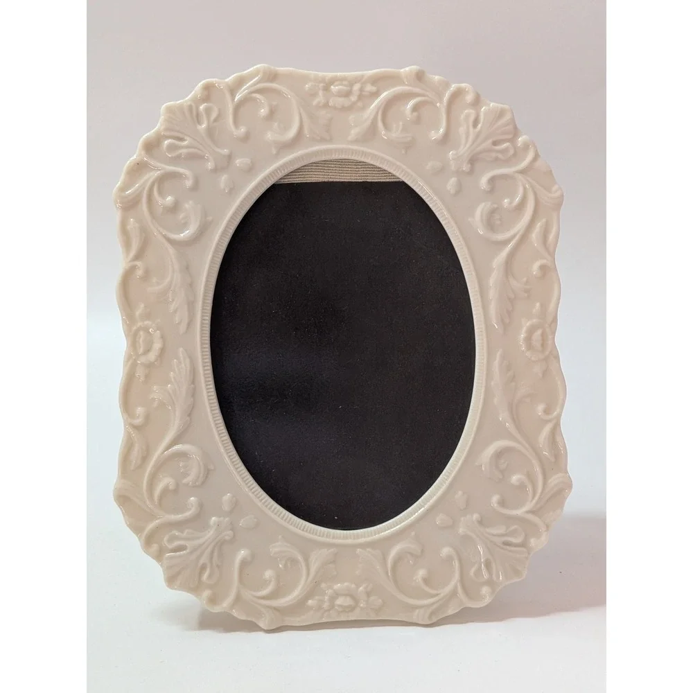 Vintage Lenox Ivory Porcelain Oval Picture Frame Embossed Floral Scroll Tabletop